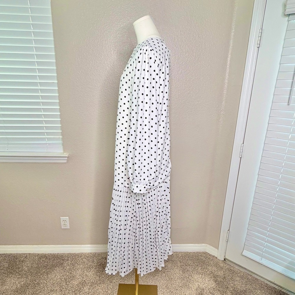 FEHAUTE White Black Polka Dot Pleated Maxi Dress Balloon Sleeve A-Line Sz 10 NWT - Picture 11 of 16